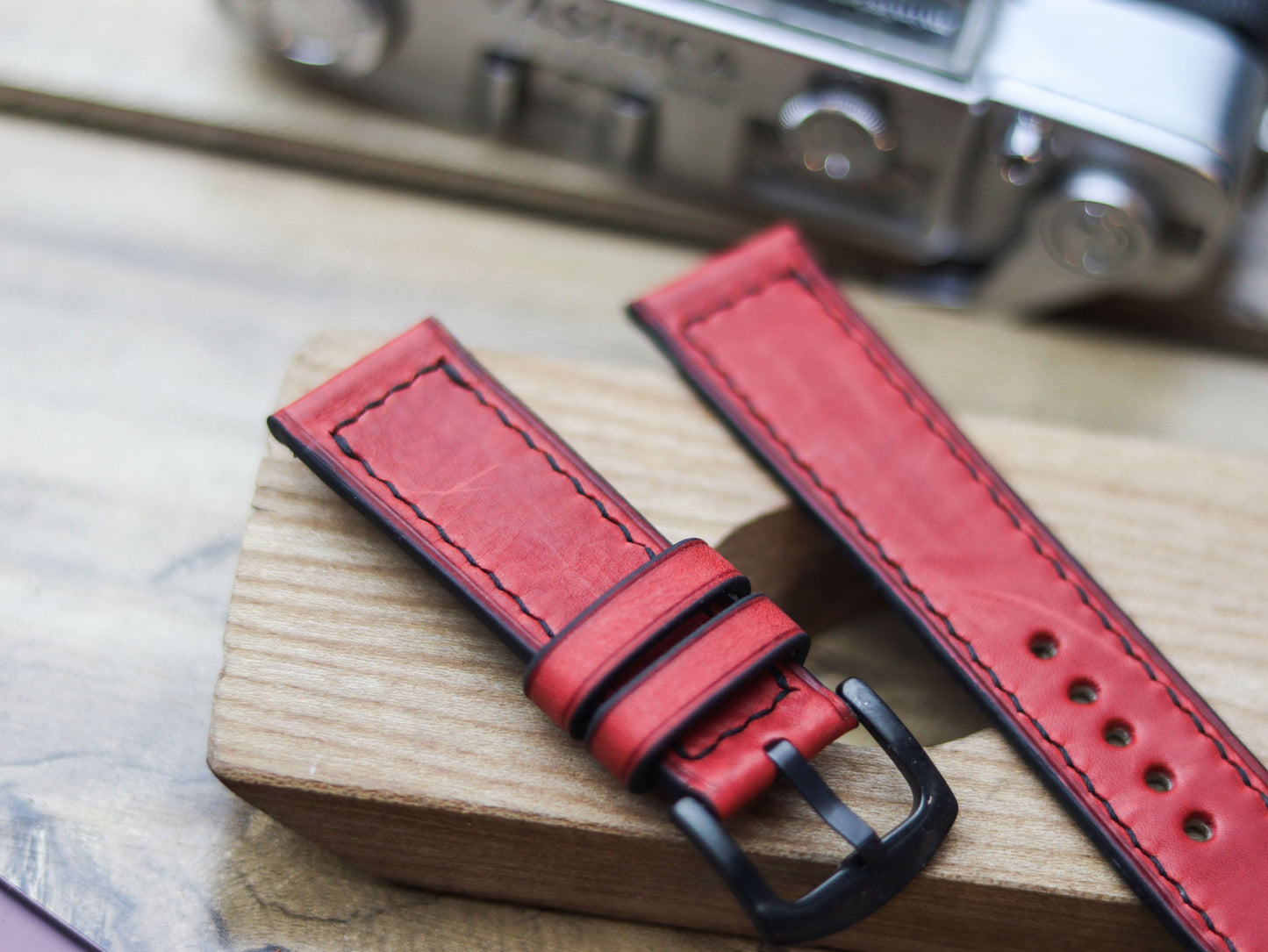 PRISMATIC RED HAND-CRAFTED WATCH STRAPS - BOX STITCHED