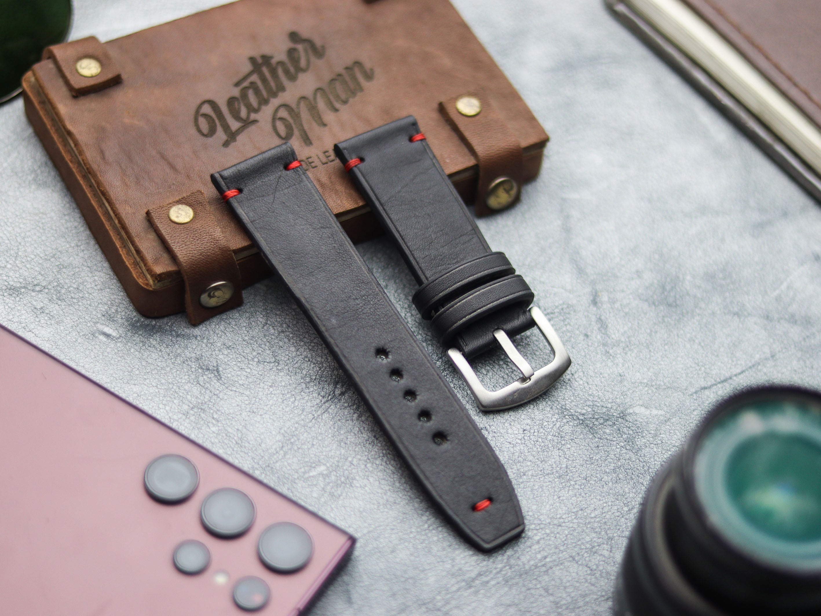 PHANTOM BLACK HAND-CRAFTED WATCH STRAPS - MINIMAL STITCHED