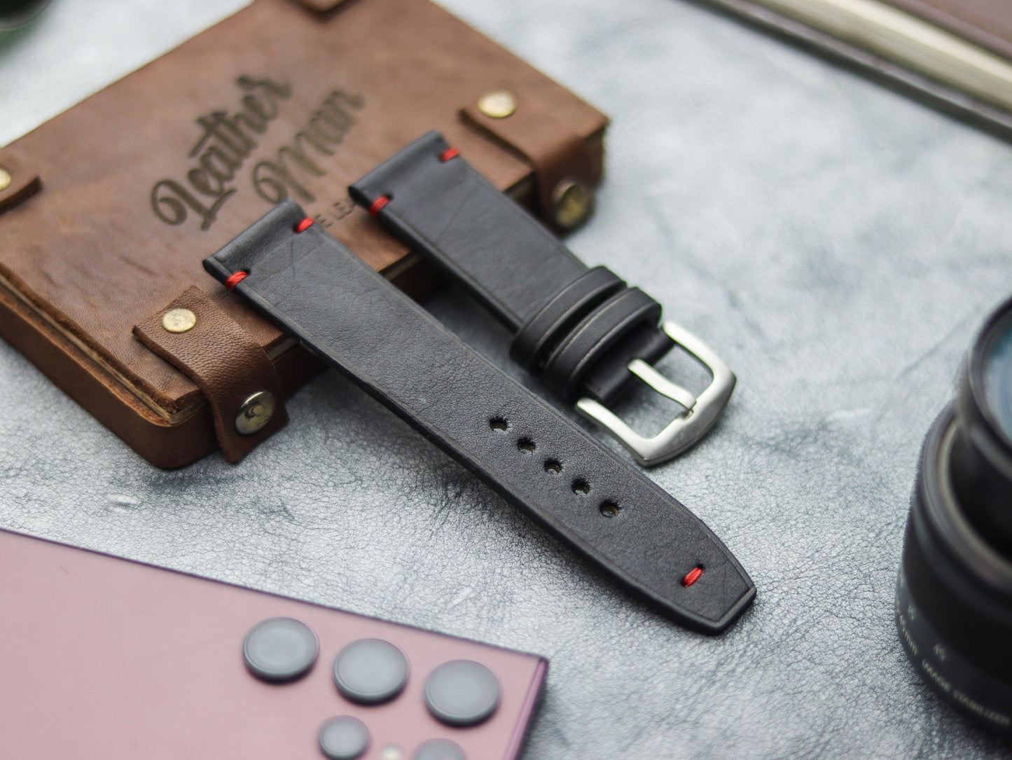 PHANTOM BLACK HAND-CRAFTED WATCH STRAPS - MINIMAL STITCHED