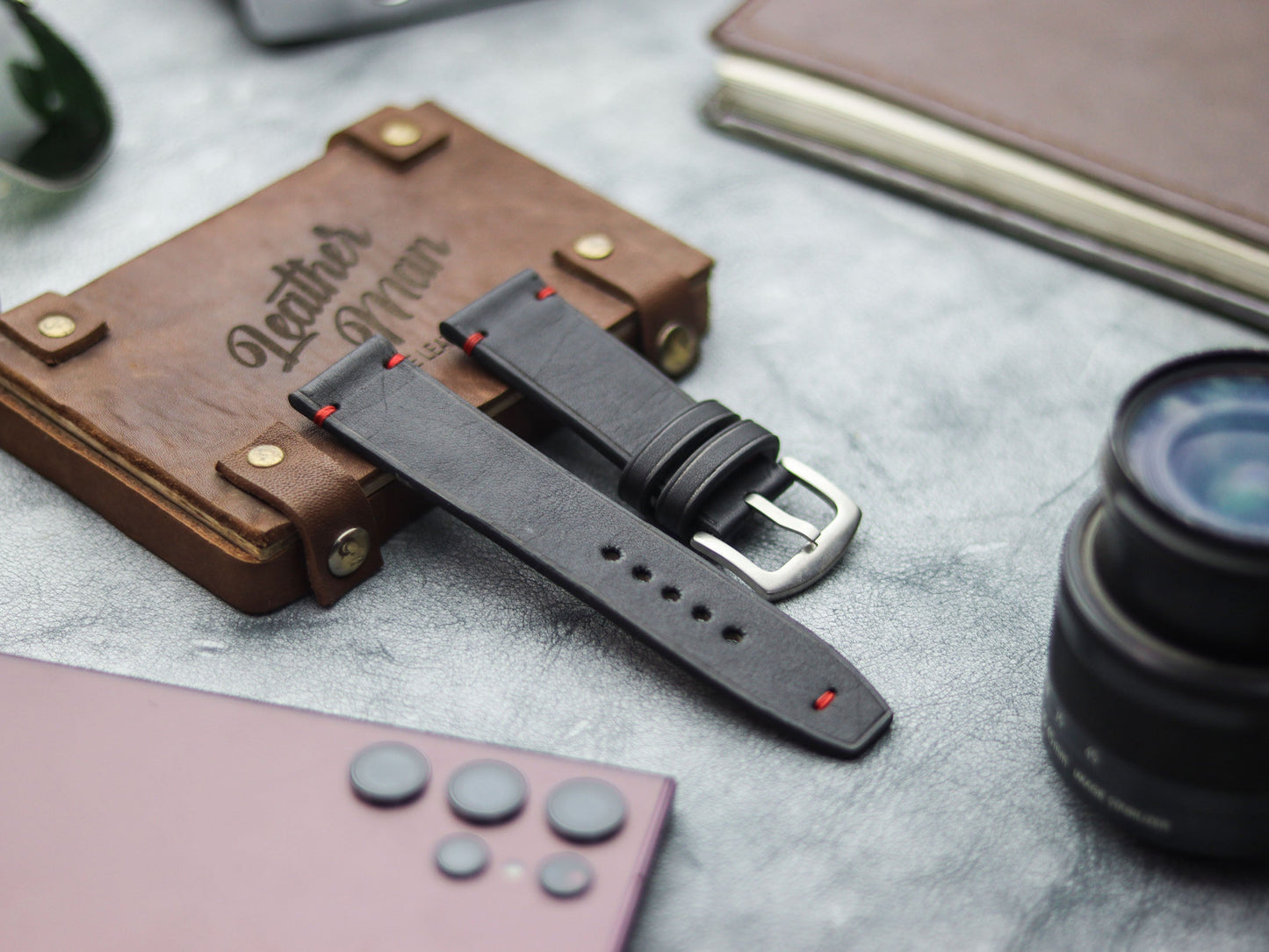 PHANTOM BLACK HAND-CRAFTED WATCH STRAPS - MINIMAL STITCHED