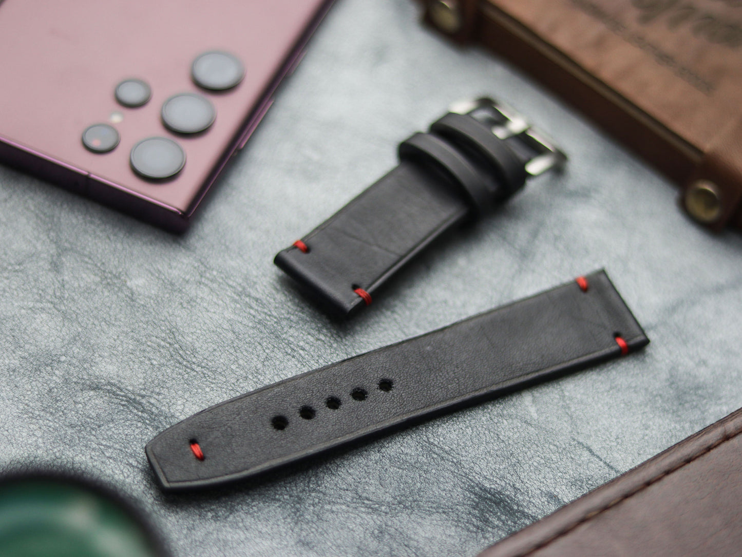 PHANTOM BLACK HAND-CRAFTED WATCH STRAPS - MINIMAL STITCHED