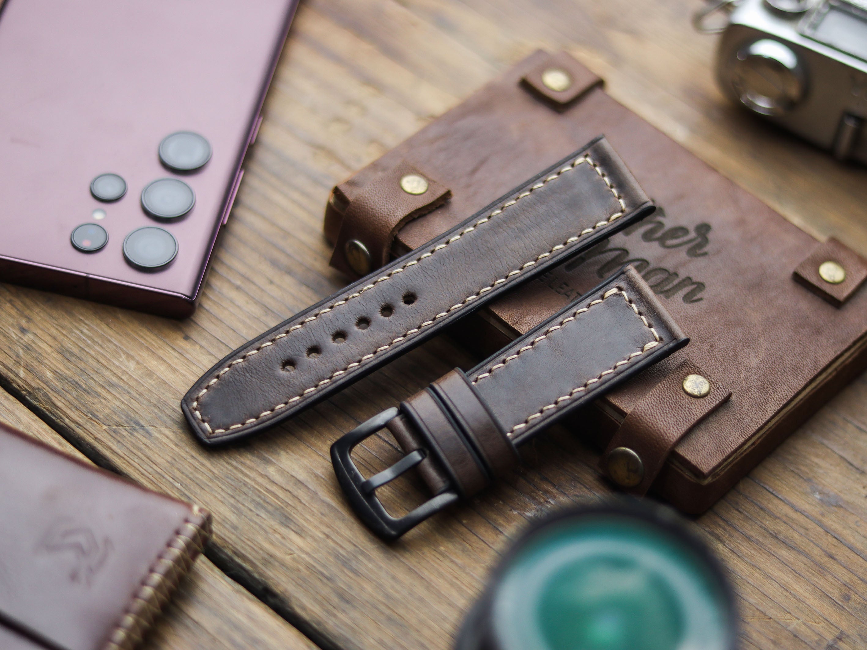 WALNUT BROWN HAND-CRAFTED WATCH STRAPS - BOX STITCHED