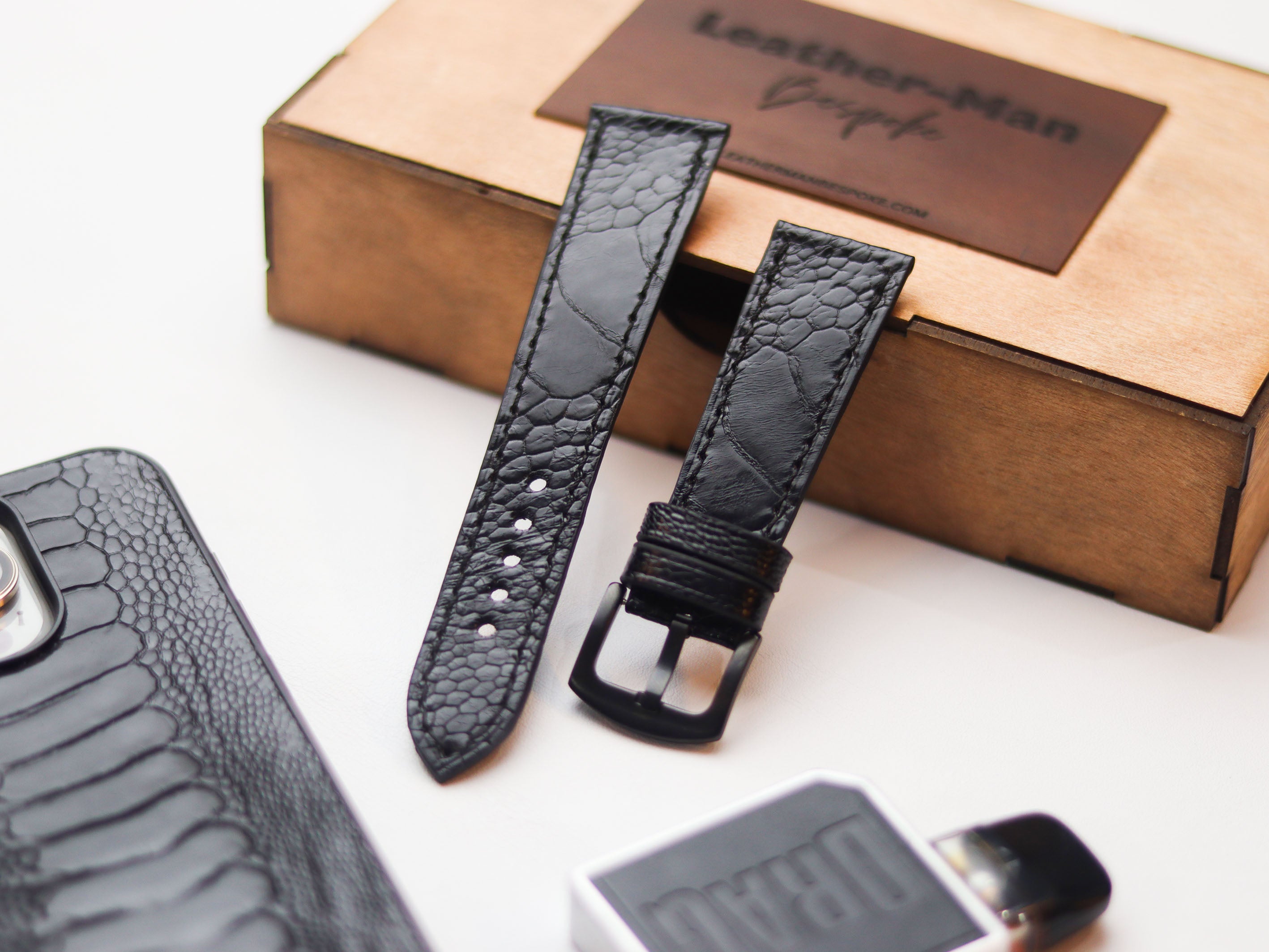 OSTRICH LEG SKIN WATCH STRAPS - RAVEN BLACK