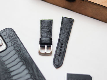 OSTRICH LEG SKIN WATCH STRAPS - RAVEN BLACK (KNEE SIDE)