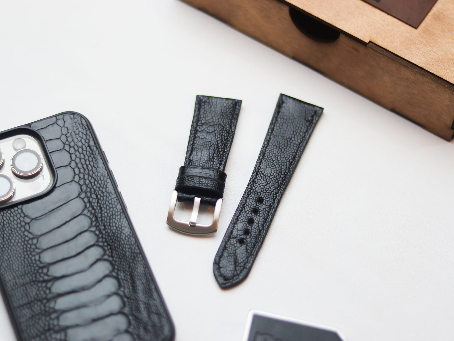 OSTRICH LEG SKIN WATCH STRAPS - RAVEN BLACK (KNEE SIDE)