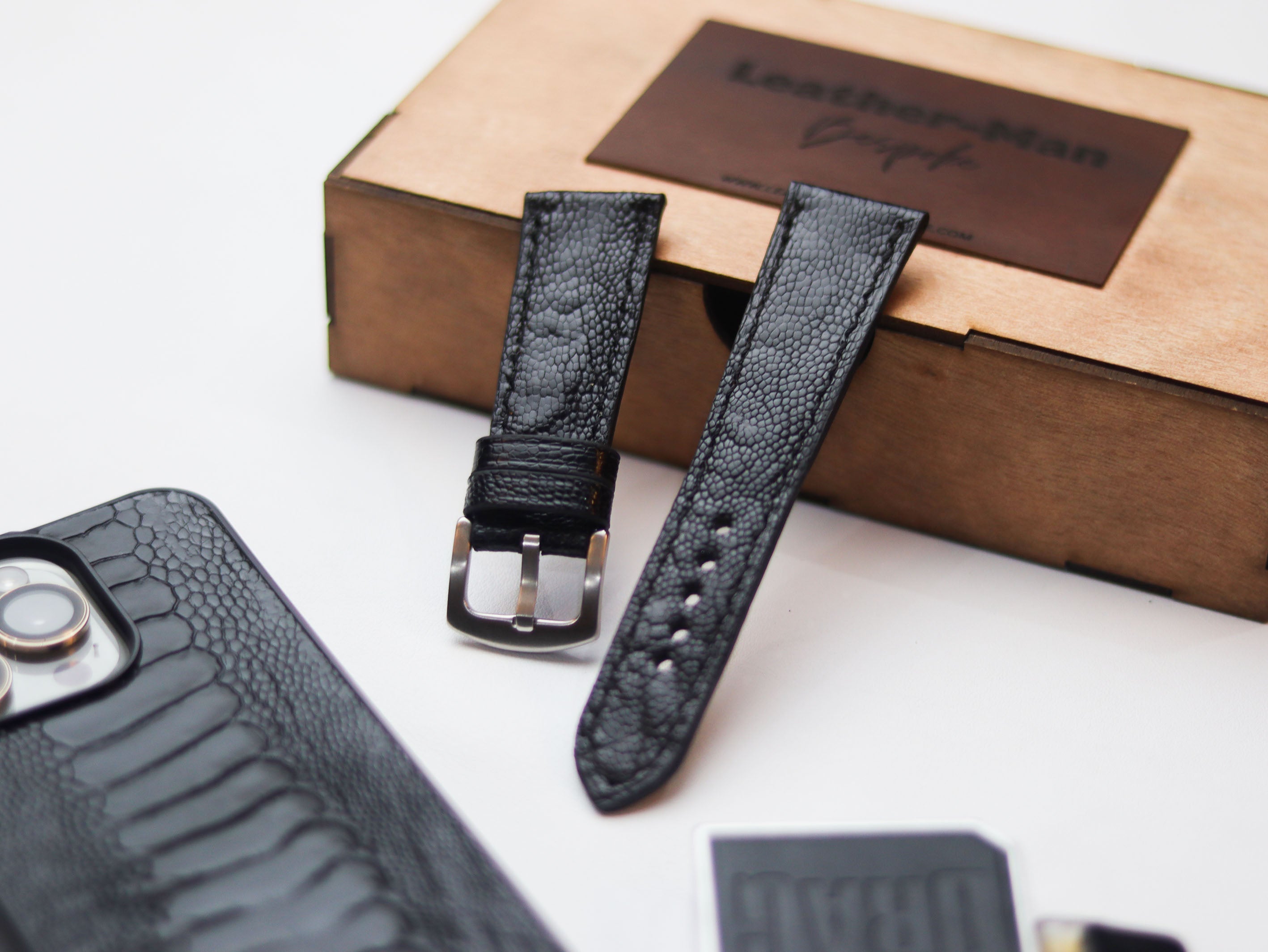 OSTRICH LEG SKIN WATCH STRAPS - RAVEN BLACK (KNEE SIDE)