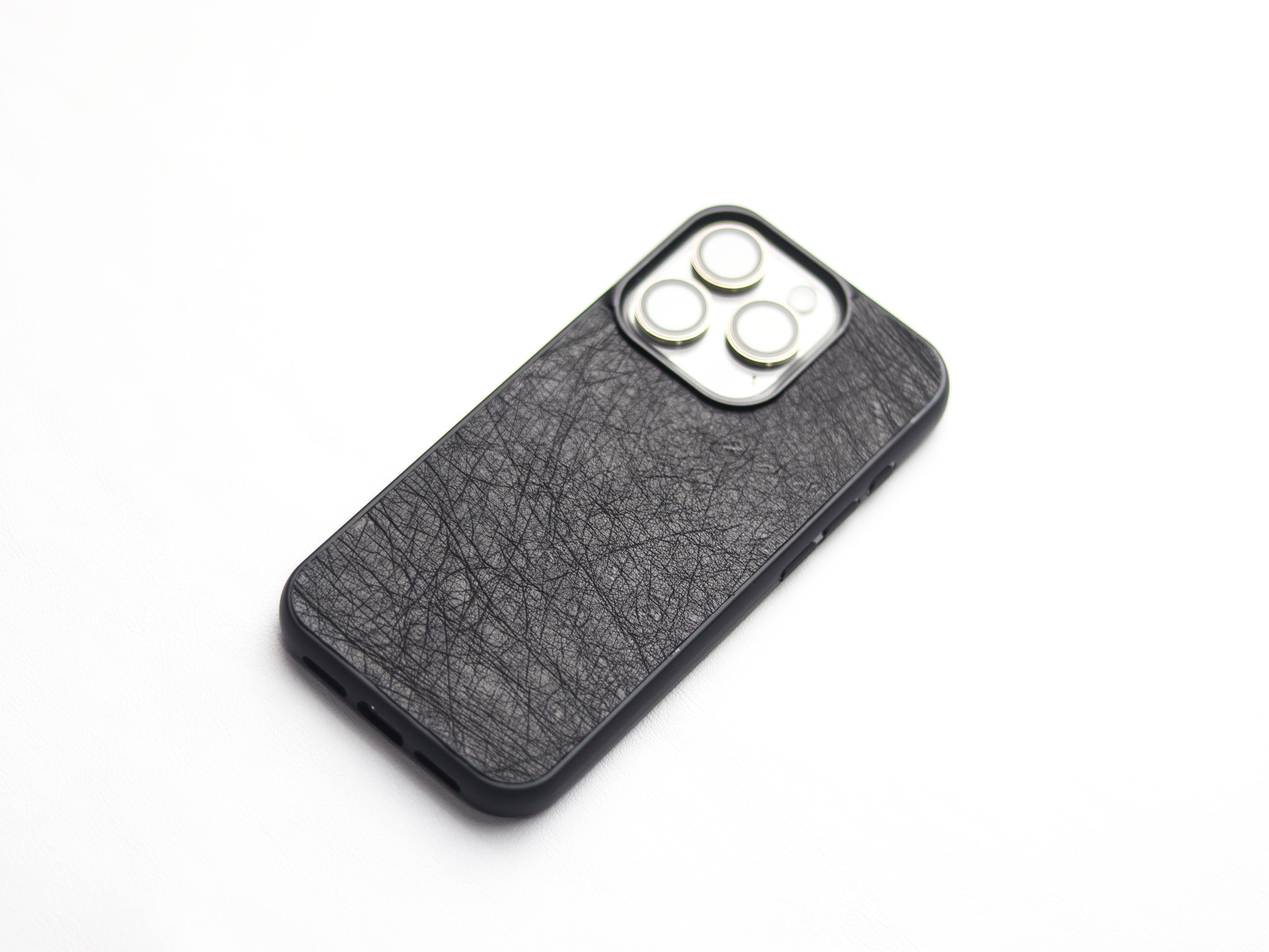 RAVEN BLACK OSTRICH SKIN PHONE CASE (NON-FOLLICLE)